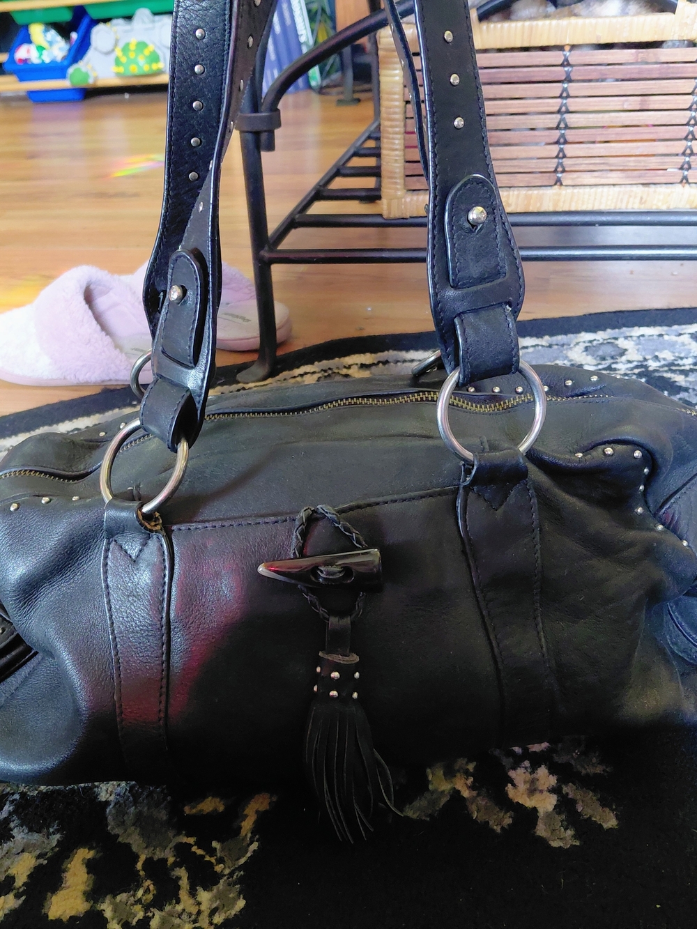 Kate Landry Black Leather Shoulder Bag with Tassel Detail